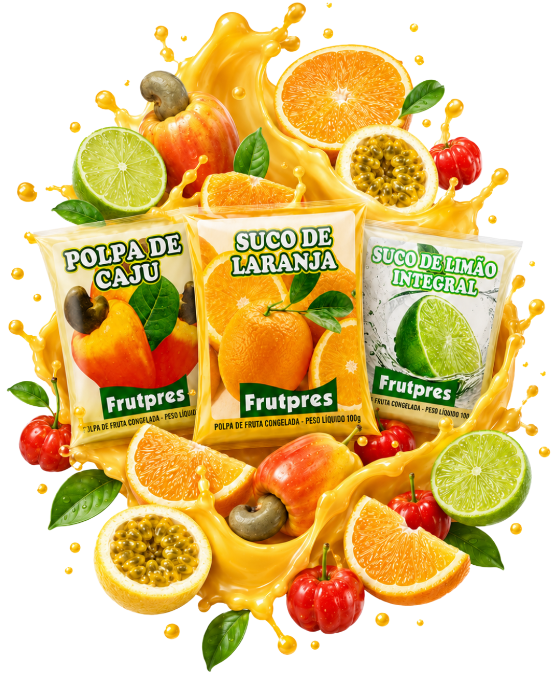 Polpas de fruta congelada, suco de laranja e limão da Frutpres
